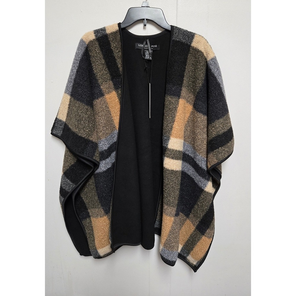 London‎ Fog Plaid Poncho Wrap Black Tan Boucle Open Front Cape  NWT OS